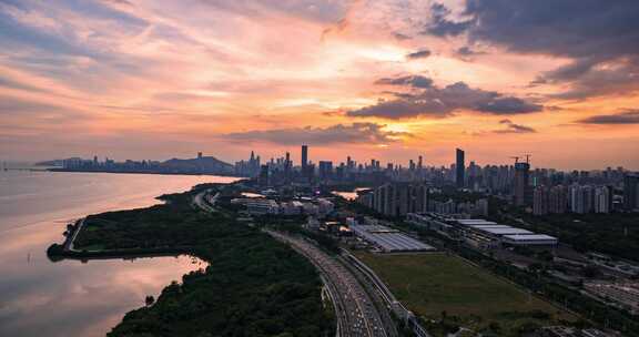 航拍延时深圳市区夕阳火烧云宣传片