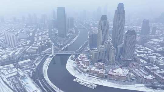 天津海河沿岸雪景航拍