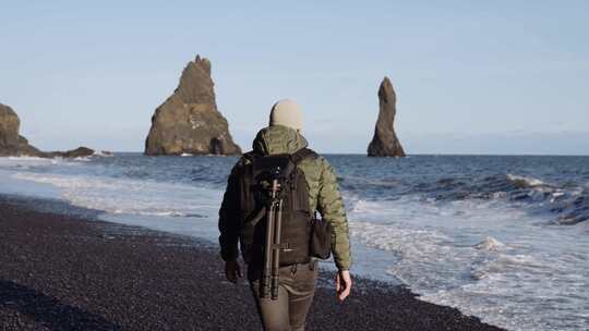 黑沙，海滩，冰岛，男人