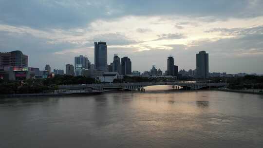 浙江宁波城市晚霞夜幕降临航拍