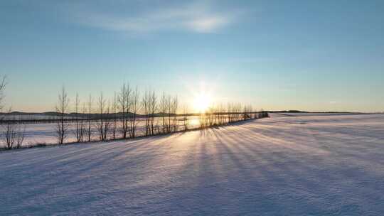 航拍雪后垦区田野夕阳