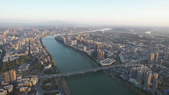 航拍衡阳湘江公铁大桥城市天际线