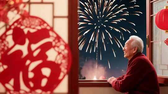 老人窗边赏新年烟花