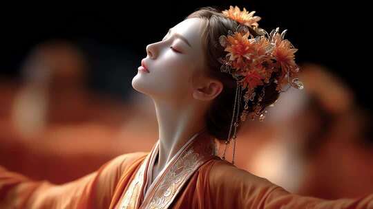 汉服女子仰望天空感受东方古典意境之美