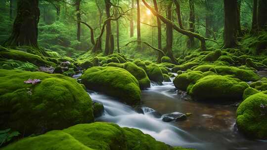 森林溪流阳光美景