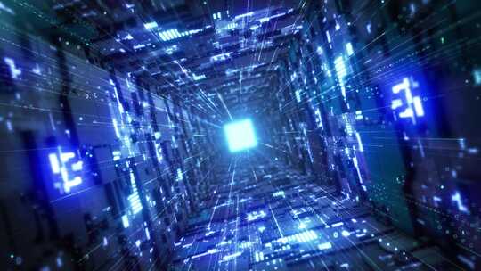 蓝色高科技空间隧道穿梭大数据芯片电路板