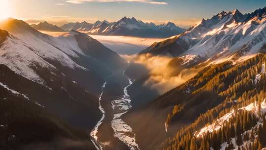 雪山森林河流日出全景