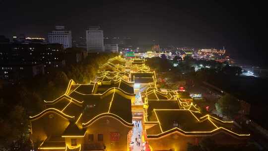 湖南岳阳楼景区汴河街夜景航拍