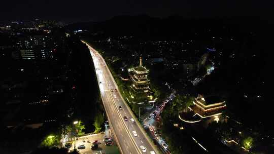 杭州城市夜幕降临夜景交通航拍