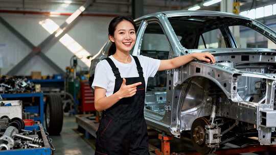 车间女工人与汽车车架素材