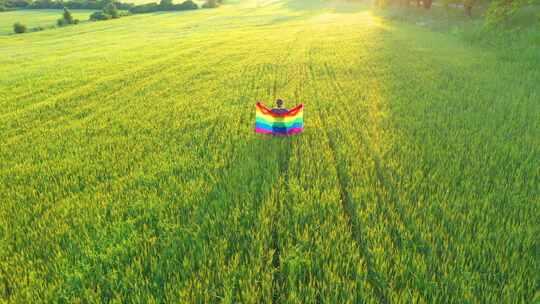 女同性恋同性恋女孩在户外举着彩虹旗。空中