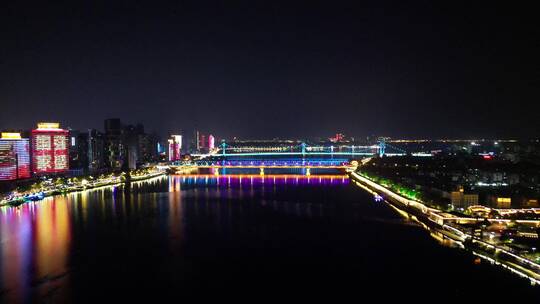 湖北襄阳汉江夜景灯光航拍
