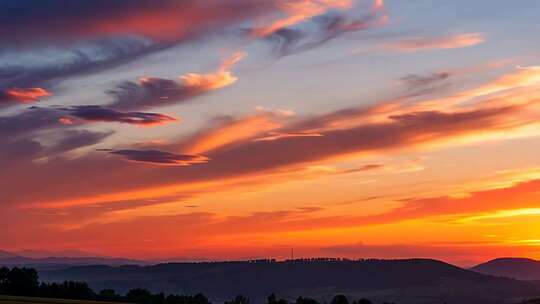 晚霞映照下的山峦天空