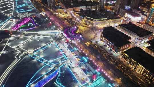 哈尔滨松花江上冬季冰雪嘉年华夜景航拍