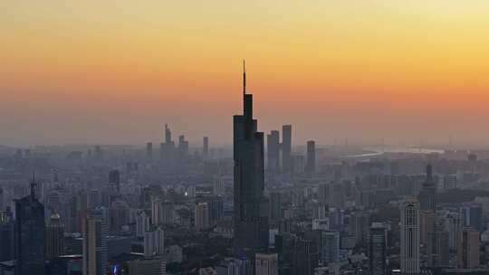 江苏南京CBD紫峰大厦建筑群日落夜景航拍