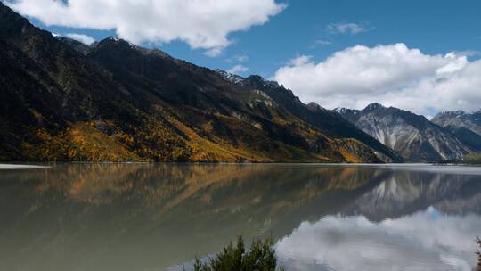 秋季高原湖泊金黄色森林雪山倒影