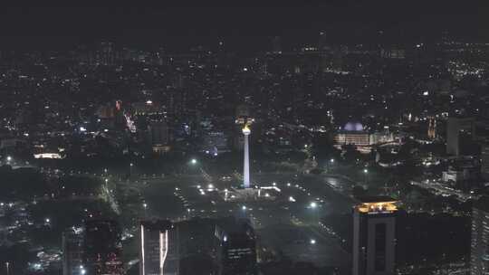 航拍印尼首都雅加达独立广场纪念碑夜景