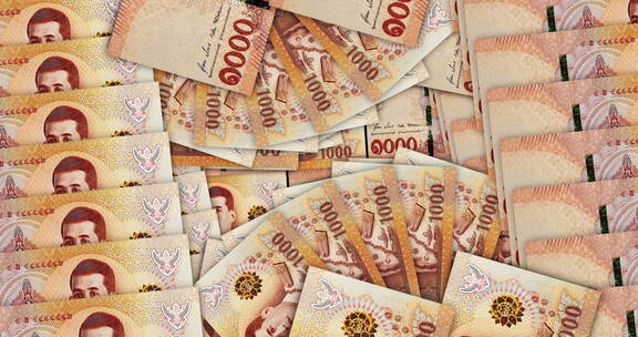 泰铢1000钞票在风扇马赛克图案环