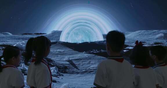 小学生在虚拟科技空间月球星空探索展望未来
