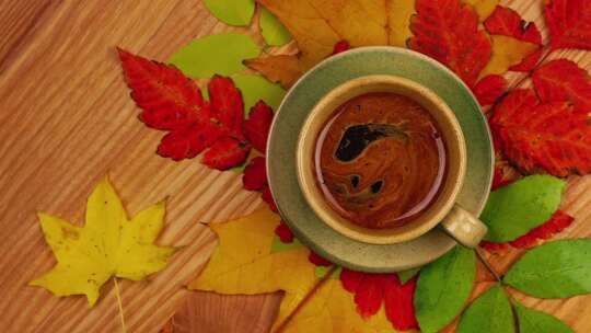 木桌上一杯咖啡旁放着几片秋天的树叶