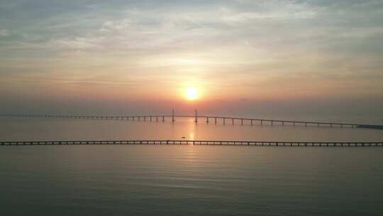 航拍港珠澳大桥跨海大桥日出