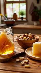 木桌蜂蜜坚果静物特写高清在线视频素材下载