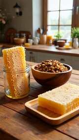 木桌蜂蜜坚果静物特写高清在线视频素材下载