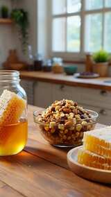 木桌蜂蜜坚果静物特写高清在线视频素材下载