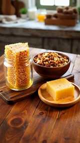 木桌蜂蜜坚果静物特写高清在线视频素材下载
