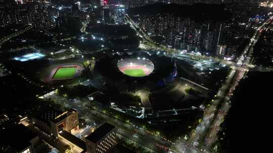 深圳龙岗区大运中心体育馆夜景航拍