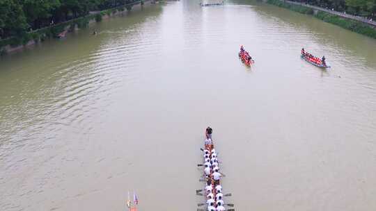 慢镜头航拍端午节龙舟竞渡福州光明港龙舟赛