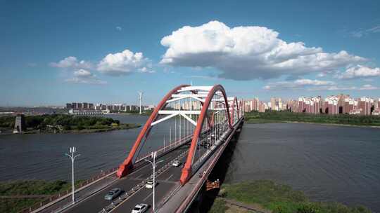 天津滨海生态城永定新河彩虹大桥城市风光