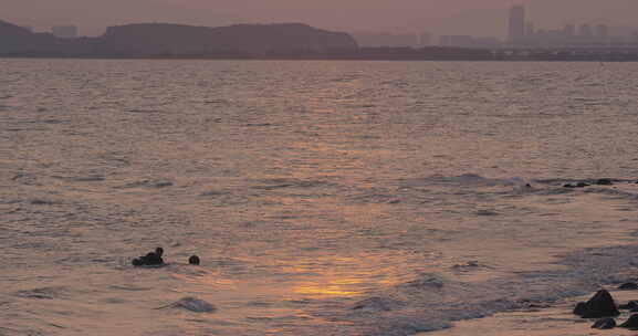 夕阳下在海里劳动的渔民