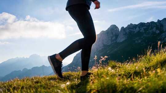 实拍女人登山 在阳光下的山中行走的女人