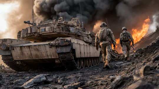 士兵伴随坦克行进场景