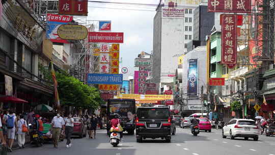 泰国曼谷唐人街街道道路商铺商店汽车车辆视频素材模板下载