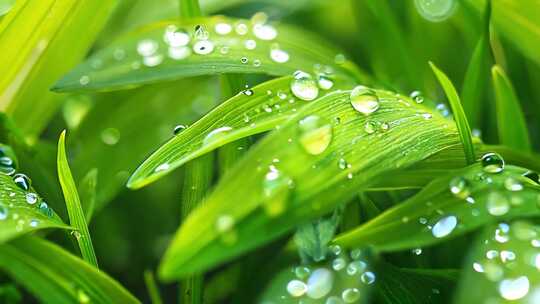 4K清晨阳光露珠水珠草丛雨后春季细雨