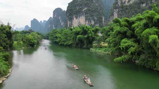 航拍桂林阳朔遇龙河竹筏漂流