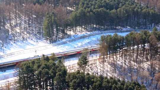 中国黑龙江高铁列车行驶在雪原森林