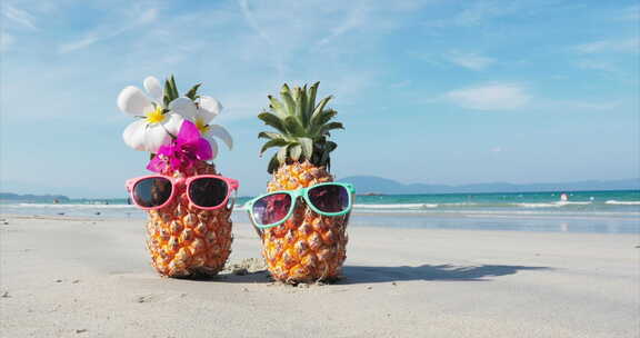 沿海的热带海滩在沙滩上戴着太阳镜的热带水果