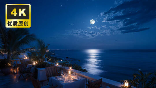 月夜海景风光月光下的海边夜晚海边大海浪花