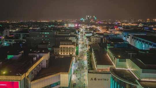 江苏苏州观前街步行街夜景航拍延时