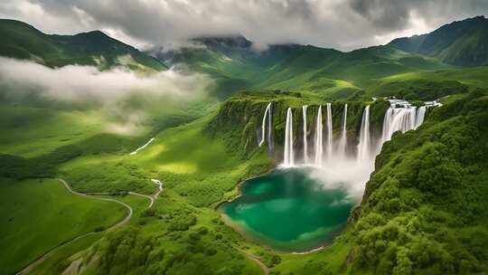 空中俯瞰山水瀑布美景