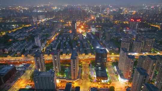 城市市区夜晚夜景车流城市风景航拍延时