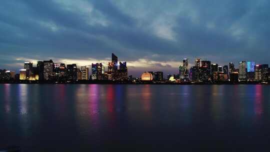 航拍杭州钱塘江城市夜景