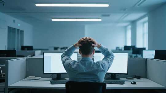 男人电脑屏幕双手抱头疲惫加班场景