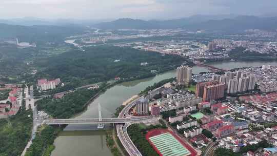 航拍福建龙岩上杭县县城汀江大桥