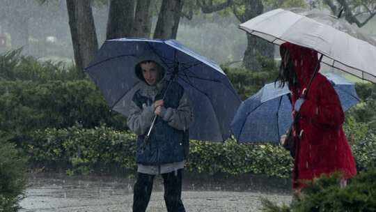 孩子们打着伞在雨中散步