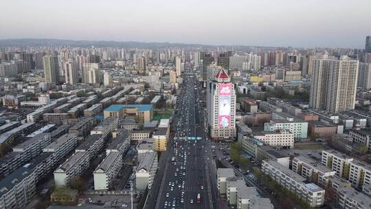 航拍太原城市建筑立交桥傍晚车流美景