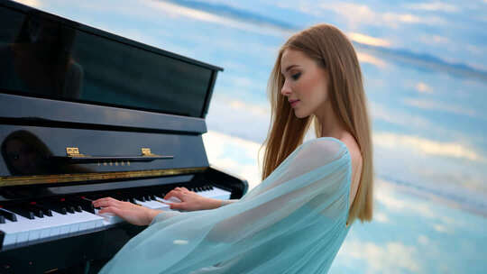 女子海边弹奏钢琴